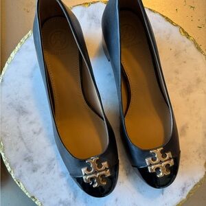 Nordstrom Black Leather Heels with Gold Accent